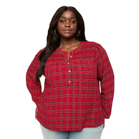 Lane Bryant Tops - Lane Bryant Women's Lurex Shimmer Crinkle Popover Blouse Red Gold Plaid 22